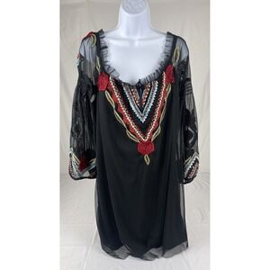 Vintage Collection Embroidered Mesh Bell Sleeve Blouse Sz L Boho Statement Artsy